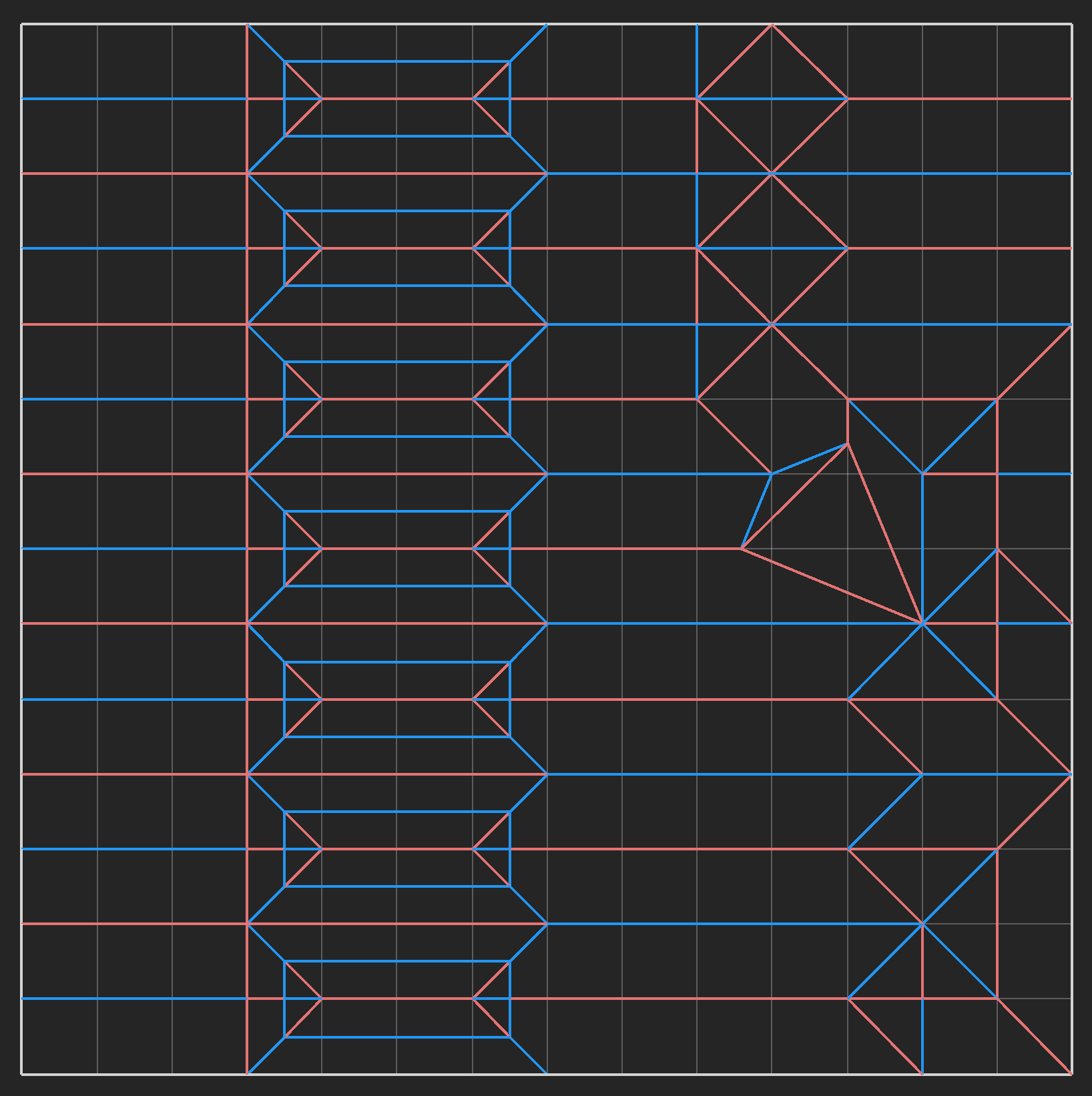 Crease pattern of origami fish holding an umbrella.